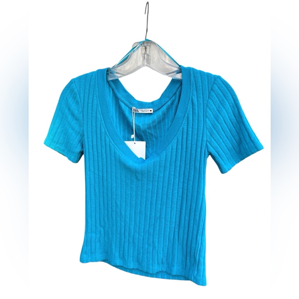 NWT Zara Teal Scoop Neck Knit Short Sleeve Blouse Fits Women's XS